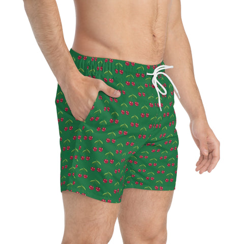 Green&nbsp;Cherries Print Men's Swimwear, Red Cherries Print Best Designer Cherries Print Swim Trunks For Men (US Size: XS-3XL) Red Cherries Print Mid-Length Shorts Beach Pockets Mesh Lining Drawstring Luxury Cool Guys Casual Bathing Suit Plus Size Available Swimwear For Men