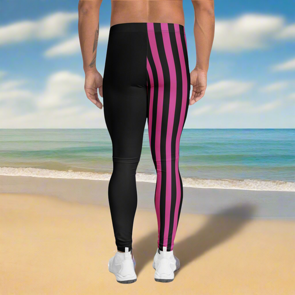 Pink Black Striped Meggings, Men's Leggings