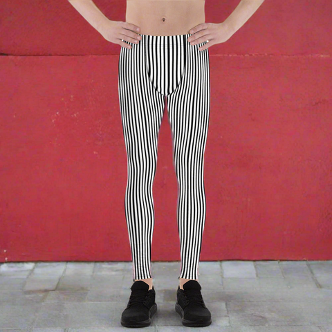 Black Striped Print Designer Meggings, Black and White Vertical Stripes Premium Men's Gym Leggings -Made in USA/EU