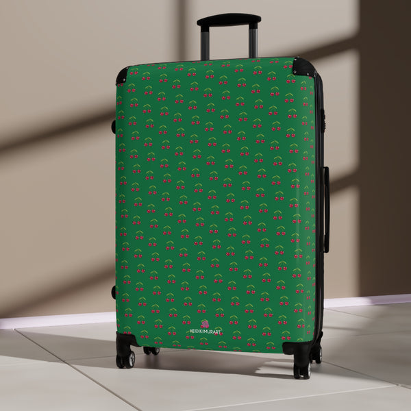 Green Cherry Print Suitcase, Cute Red Cherries Print Designer Suitcases, Travel Bag Suitcases