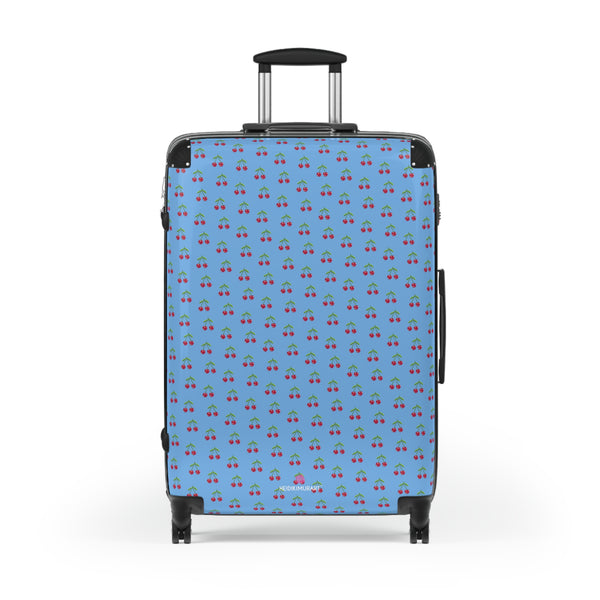 Blue Cherry Print Suitcase, Red Cherries Print Designer Suitcases, Travel Bag Suitcases