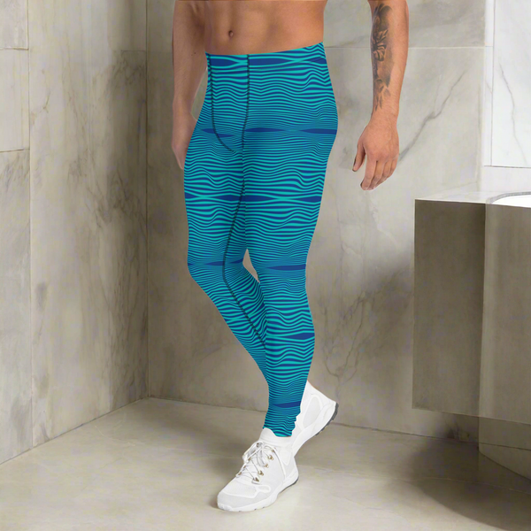 Blue Wavy Print Men's Leggings, Retro Style Wavy Designer Men's Compression Sports Tights - Made in USA/EU/MX