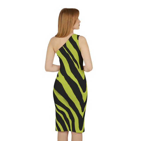 Yellow Zebra Shoulder Dress, Zebra Pattern Women's Shoulder Dress, White and Black Best Knee-Length Fitted Stretchy Designer Animal Print Off-The-Shoulder Sleeveless Dress &nbsp;- Made in USA (US Size: XS-XL)