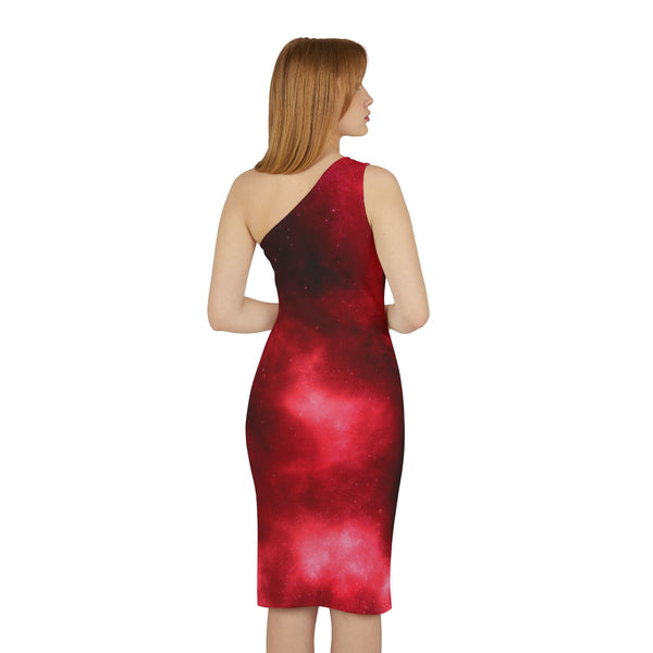 Red Abstract Women's Shoulder Dress, Galaxy Red Abstract Galaxy Print Best Knee-Length Fitted Stretchy Designer Off-The-Shoulder Sleeveless Dress &nbsp;- Made in USA (US Size: XS-XL)