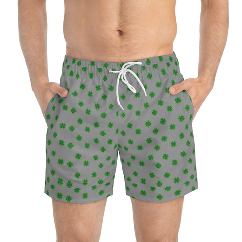 Grey Clover Leaf Swim Trunk, Colorful Green St. Patrick's Day Best Designer Green Clover Leaves Print Swim Trunks For Men (US Size: XS-3XL)&nbsp;Designer Mid-Length Shorts Beach Pockets Mesh Lining Drawstring Luxury Cool Guys Casual Bathing Suit Plus Size Available Swimwear For Men