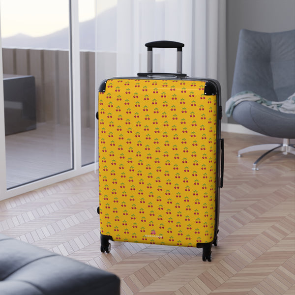 Yellow Cherry Print Suitcase, Cute Red Cherries Print Designer Suitcases, Travel Bag Suitcases