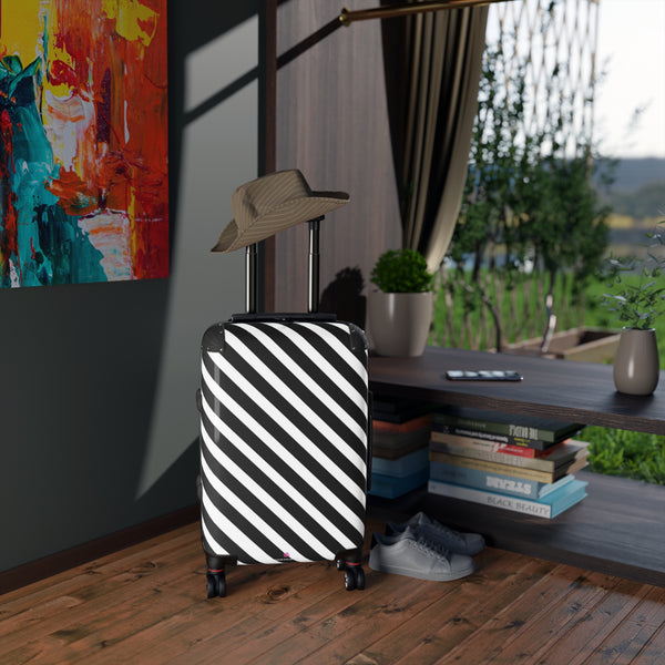 Black White Diagonal Striped Suitcases, Stripes Print Suitcases, Best Suitcases, Travel Bag Suitcases