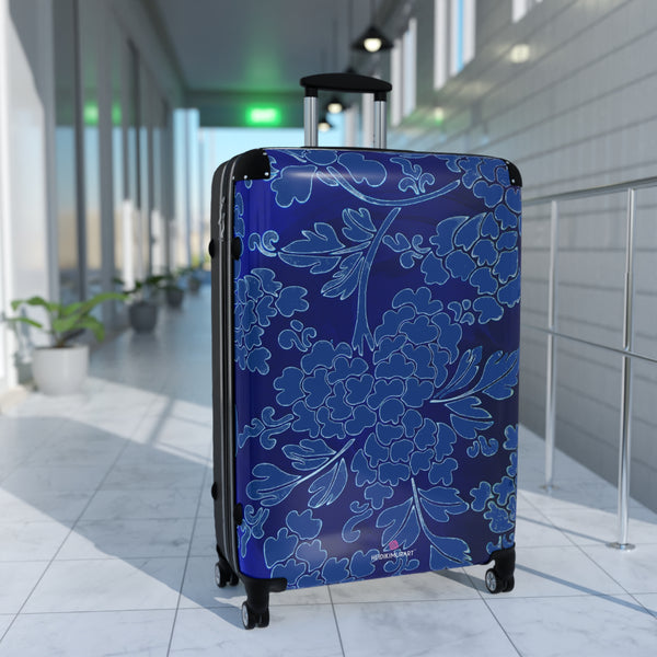 Royal Blue Floral Print Suitcase, Abstract Oriental Style Floral Print Designer Suitcases, Travel Bag Suitcases (Small, Medium, Large)