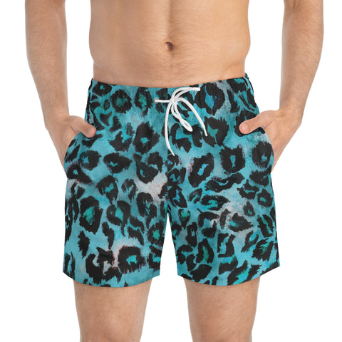 Blue Leopard Men's Swim Trunks, Blue Best Designer Leopard Animal Print Swim Trunks For Men (US Size: XS-3XL)&nbsp;Animal Print Mid-Length Shorts Beach Pockets Mesh Lining Drawstring Luxury Cool Guys Casual Bathing Suit Plus Size Available Swimwear For Men