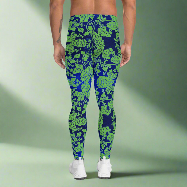 Green Blue Floral Print Megegings, Best Blue and Green Oriental Style Floral Print Meggings Compression Tights - Made in USA/EU/MX