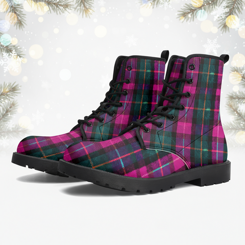 Pink Plaid Print Canvas Boots, Pink & Green Scottish Style Plaid Print Designer Best Winter Boots For Men or Women (US Size 5.5-12)