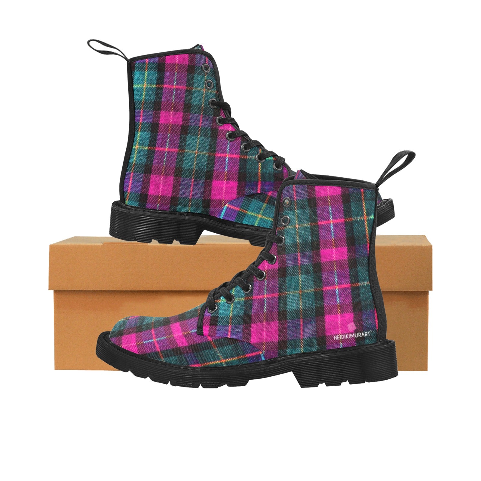 Pink Plaid Women's Canvas Boots, Pink &amp; Green Scottish Style Plaid Classic Print Elegant Feminine Casual Fashion Gifts,&nbsp;Pink Plaid Print&nbsp;Shoes For Plaid Lovers, Water Resistant Anti-Moisture Combat Boots, Designer Women's Winter Lace-up Toe Cap Hiking Boots Shoes For Women (US Size 6.5-11)&nbsp;