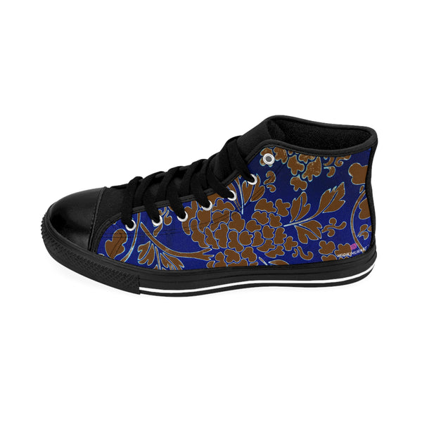 Brown Floral  Men's High Tops, Blue Floral Print Best Designer Men's Classic Sneakers