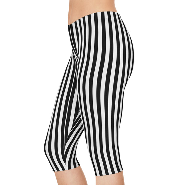 White Black Striped Women's Tights, Vertical Striped Print Women's Capri Leggings