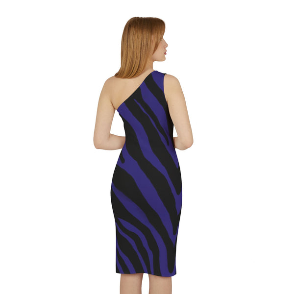 Purple Zebra Shoulder Dress, Zebra Pattern Women's Shoulder Dress, Purple and Black Best Knee-Length Fitted Stretchy Designer Animal Print Off-The-Shoulder Sleeveless Dress &nbsp;- Made in USA (US Size: XS-XL)