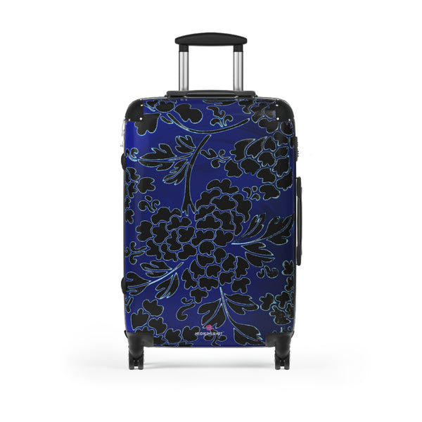 Black Blue Floral Print Suitcase, Abstract Oriental Style Floral&nbsp;Print Designer Suitcase Luggage (Small, Medium, Large) Unique Cute Spacious Versatile and Lightweight Carry-On or Checked In Suitcase, Best Personal Superior Designer Adult's Travel Bag Custom Luggage - Gift For Him or Her - Printed in&nbsp; Canada