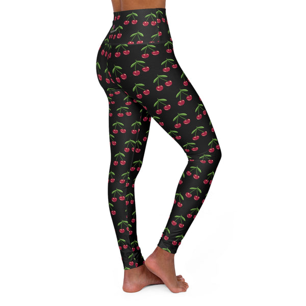 Black Cherries Print Women's Tights, High Waisted Yoga Leggings