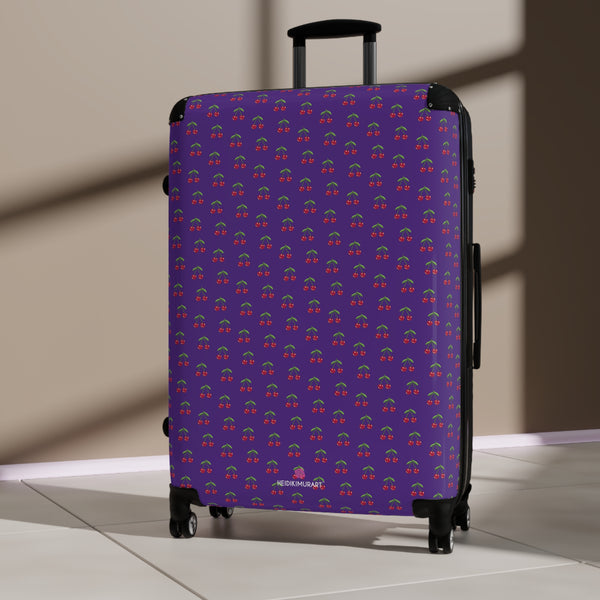 Purple Cherry Print Suitcase, Cute Red Cherries Print Designer Suitcases, Travel Bag Suitcases