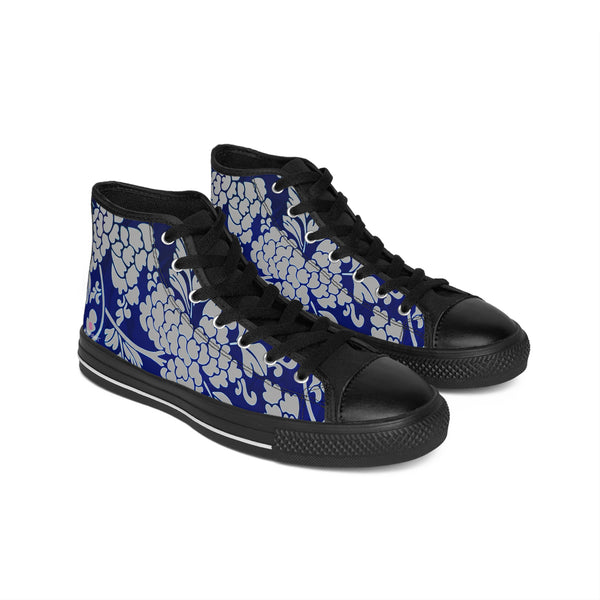 Grey Floral  Men's High Tops, Blue Floral Print Best Designer Men's Classic Sneakers
