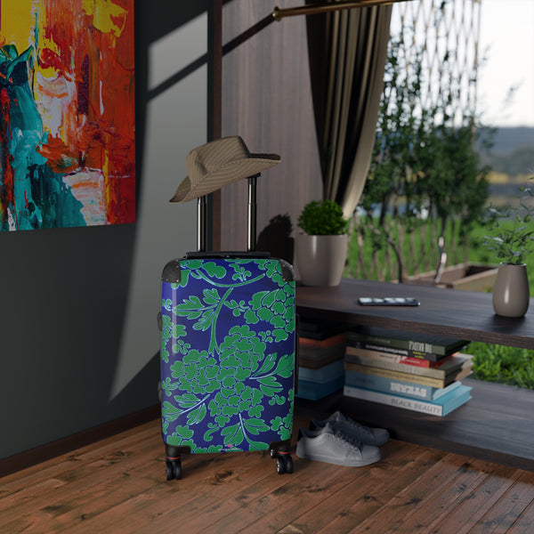 Green Blue Floral Print Suitcase, Abstract Oriental Style Print Designer Suitcases, Travel Bag Suitcases (Small, Medium, Large)