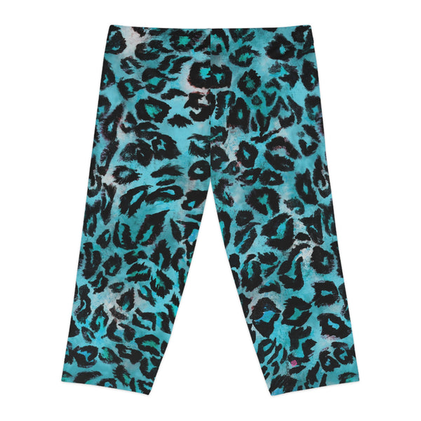 Blue Leopard Women's Capri Leggings, Modern Leopard Animal Print American-Made Best Designer Premium Quality Knee-Length Mid-Waist Fit Knee-Length Polyester Capris Tights-Made in USA (US Size: XS-2XL) Plus Size Available