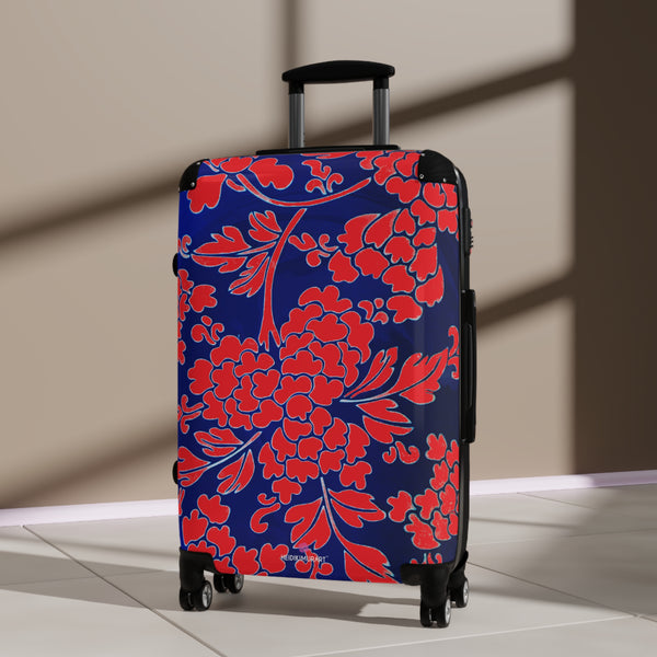 Red Blue Floral Print Suitcase, Abstract Oriental Style Floral Print Designer Suitcases, Travel Bag Suitcases (Small, Medium, Large)