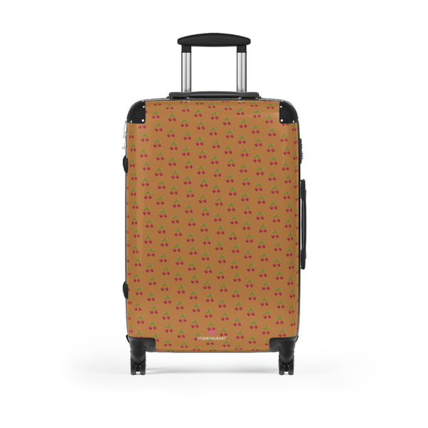 Brown Cherry Print Suitcase, Cute Beige Red Cherries Print Designer Suitcases, Travel Bag Suitcases