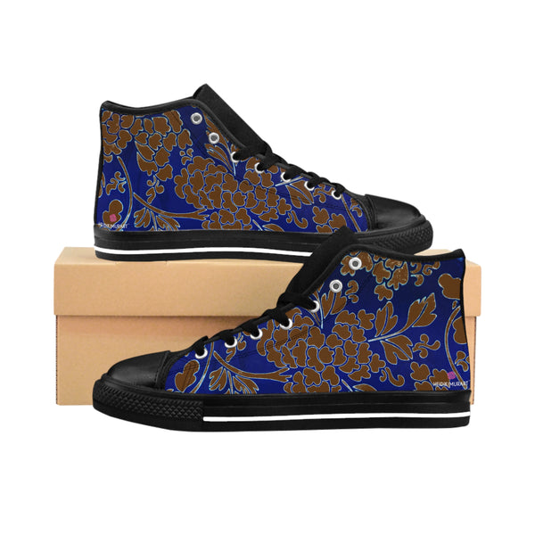 Brown Floral  Men's High Tops, Blue Floral Print Best Designer Men's Classic Sneakers