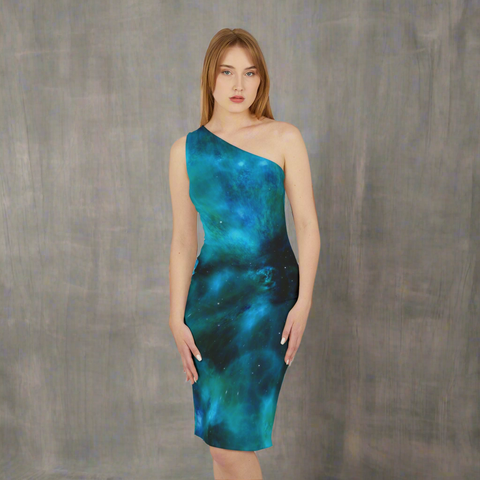 Blue Abstract Women's Shoulder Dress, Galaxy Colorful Abstract Print Best Women's Shoulder Dress - Made in USA