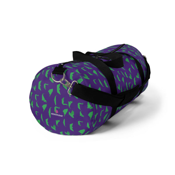 Purple Crane Print Duffel Bag, Green Japanese Crane Print Pattern Print Designer Premium All Day Small Or Large Size Duffel or Gym Bag, Made in USA, Womens Large Patterned Duffle Bag, Gym Bag For Ladies, Patterned Duffle Bag