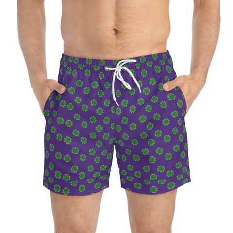 Purple Clover Leaf Swim Trunk, Colorful Green St. Patrick's Day Best Designer Green Clover Leaves Print Swim Trunks For Men (US Size: XS-3XL) Designer Mid-Length Shorts Beach Pockets Mesh Lining Drawstring Luxury Cool Guys Casual Bathing Suit Plus Size Available Swimwear For Men