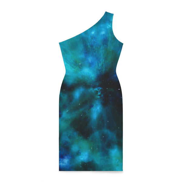 Blue Abstract Women's Shoulder Dress, Galaxy Colorful Abstract&nbsp;Galaxy Print Best Knee-Length Fitted Stretchy Designer Off-The-Shoulder Sleeveless Dress &nbsp;- Made in USA (US Size: XS-XL)