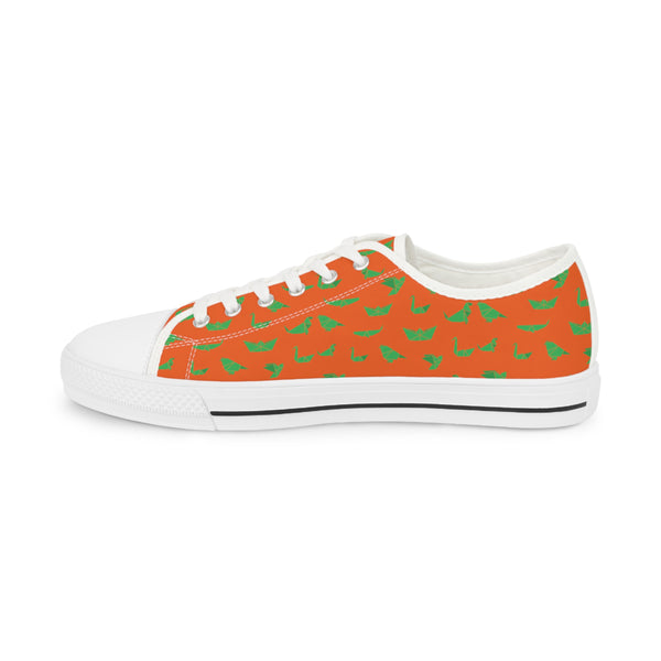 Orange Crane Print Men's Sneakers, Green and Orange Japanese Crane Print Men's Low Top Sneaker Shoes (US Size: 5-14)