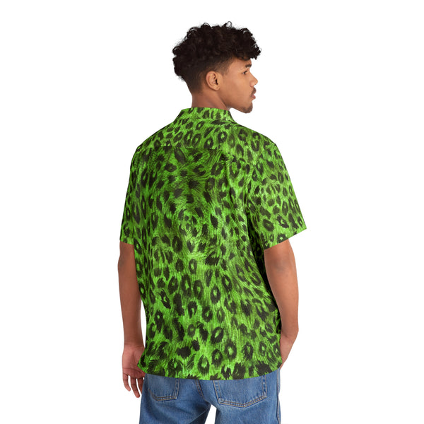 Green Leopard Men's Shirt, Best  Animal Print  Men's Hawaiian Shirt