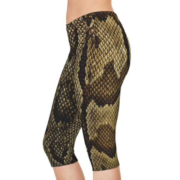 Snake Print Women's Capri Leggings, Reptile Snake Print American-Made Best Designer Premium Quality Knee-Length Mid-Waist Fit Knee-Length Polyester Capris Tights-Made in USA (US Size: XS-2XL) Plus Size Available