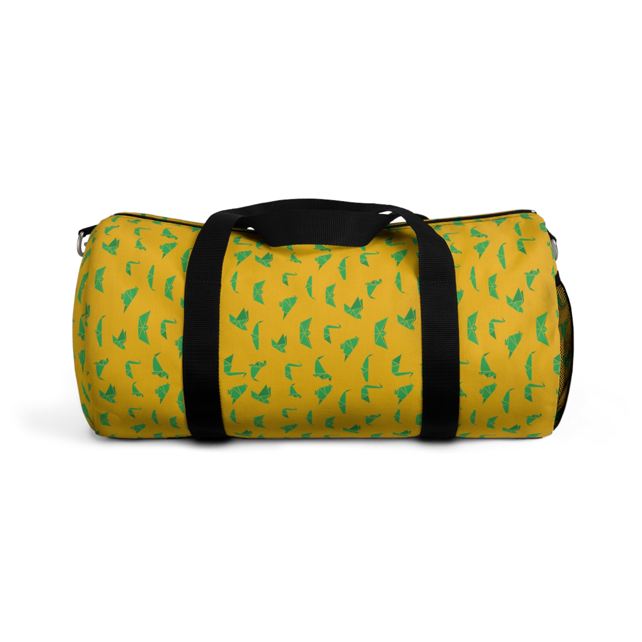 Yellow Crane Print Duffel Bag, Green Japanese Crane Print Pattern Print Designer Premium All Day Small Or Large Size Duffel or Gym Bag, Made in USA, Womens Large Patterned Duffle Bag, Gym Bag For Ladies, Patterned Duffle Bag