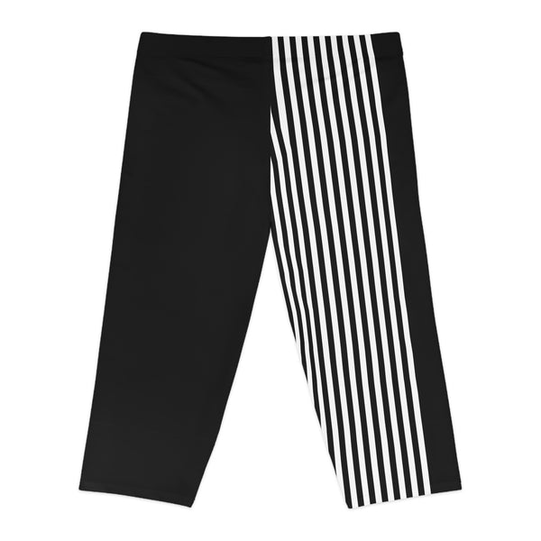 White Black Striped Women's Tights, Best Vertical Striped Print Women's Capri Leggings