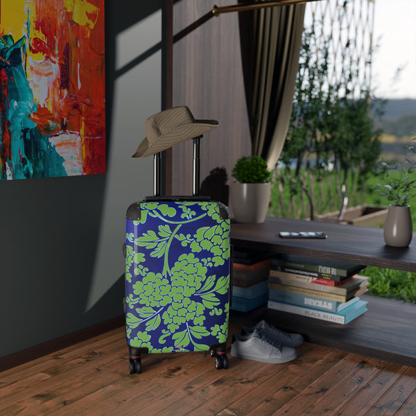 Green Blue Floral Print Suitcase, Abstract Oriental Style Floral Print Designer Suitcases, Travel Bag Suitcases (Small, Medium, Large)