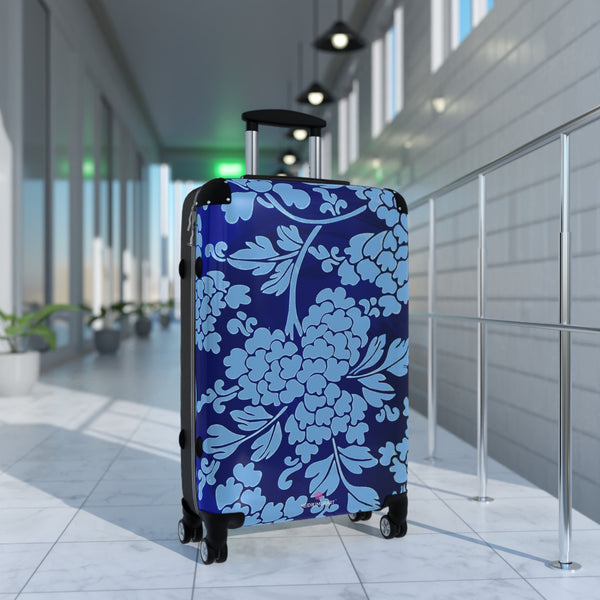 Sky Blue Floral Print Suitcase, Abstract Oriental Style Floral Print Designer Suitcases, Travel Bag Suitcases (Small, Medium, Large)