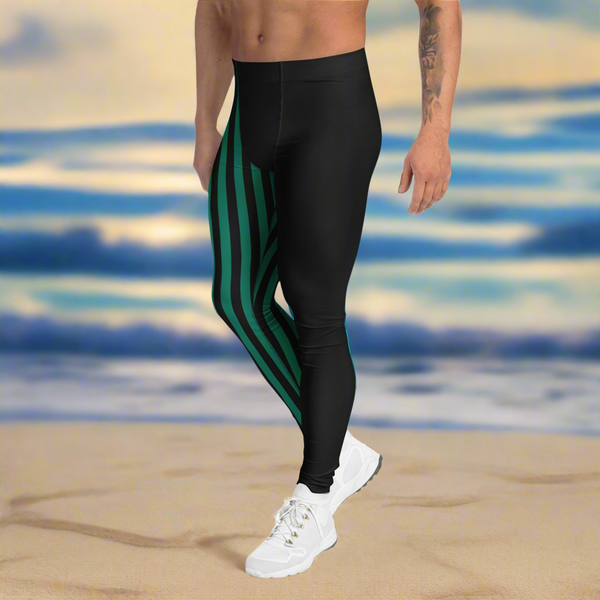 Dark Green Black Striped Meggings, Best Men's Leggings