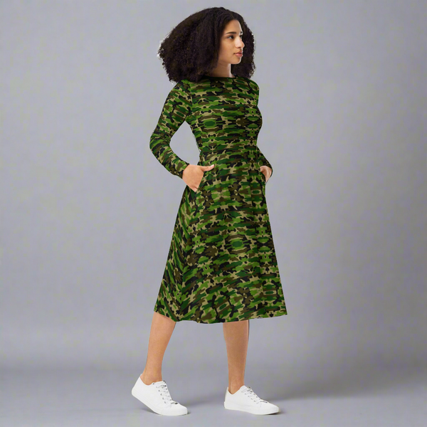 Green Camo Long Sleeves Dress, Long Sleeve Midi Dress For Women - Made in EU (US Size: 2XS-6XL)