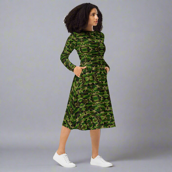 Green Camo Long Sleeves Dress, Long Sleeve Midi Dress For Women - Made in EU (US Size: 2XS-6XL) | Heidikimurart Limited Green Camo Long Sleeves Dress, Long Sleeve Midi Dress For Women - Made in EU (US Size: 2XS-6XL) | Heidikimurart Limited