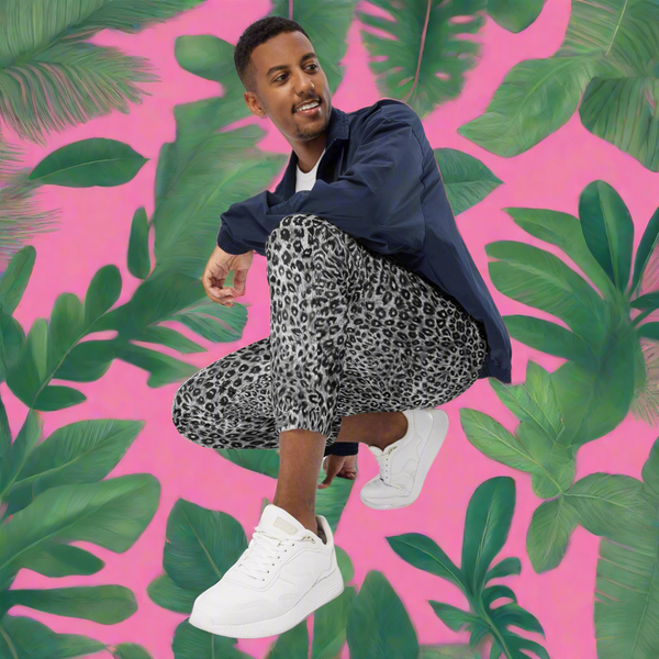 Grey Leopard Print Track Pants, Unisex Track Pants