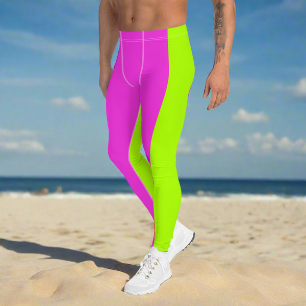 Neon Green Pink Men's Leggings, Dual Color Modern Bright Running Tights Meggings-Made in USA/EU
