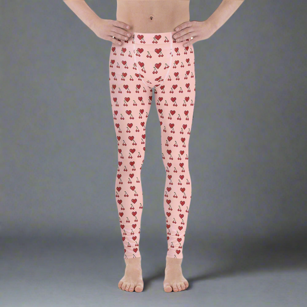 Pink Hearts Men's Leggings, Red Cherries Printed Best Gay Friendly Hearts Print Valentine's Day Pattern Designer Print&nbsp; Meggings Men's Workout Gym Tights Leggings, Men's Compression Tights Pants - Made in USA/ EU/ MX (US Size: XS-3XL) Patterned Leggings For Men, Tights Workout, Men's Compression Pants, Mens Festival Leggings, Mens Leggings Fashion, Mens Tights&nbsp;