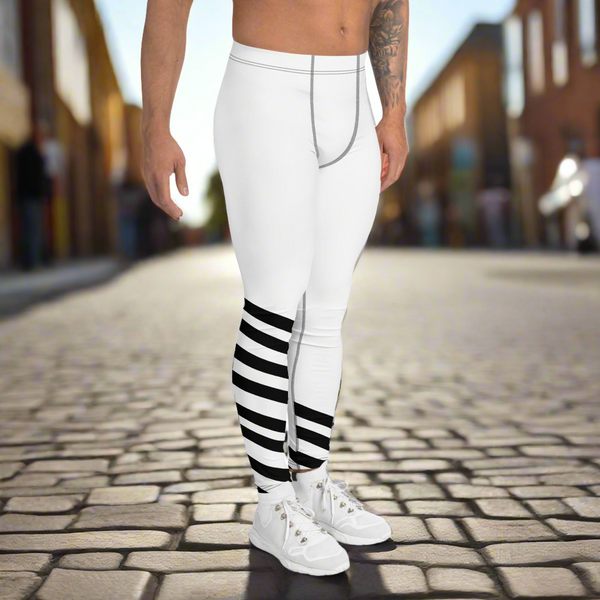 White Diagonally Striped Men's Leggings, Designer Minimalist Black White Modern Meggings-Made in USA/EU/MX