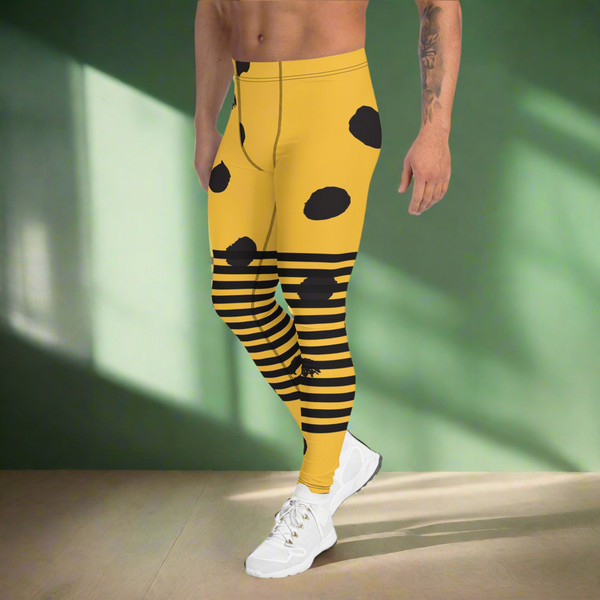 Yellow Abstract Dotted Meggings, Designer Horizontal Black Striped Men's Leggings For Men - Made in USA/EU/MX
