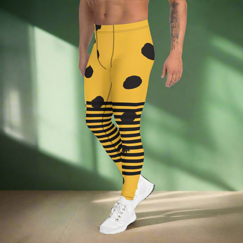 Yellow Abstract Dotted Meggings, Designer Horizontal Black Striped Men's Leggings For Men - Made in USA/EU/MX