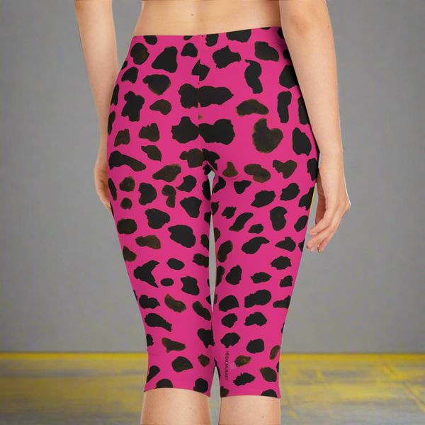 Pink Cow Print Women's Tights, Animal Print Best Knee-Length Polyester Capris Tights-Made in USA (US Size: XS-2XL)