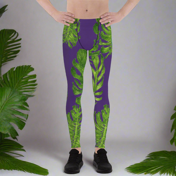 Purple Green Tropical Leaf Print Men's Leggings Tight Pants -Made in USA(US Size: XS-3XL)